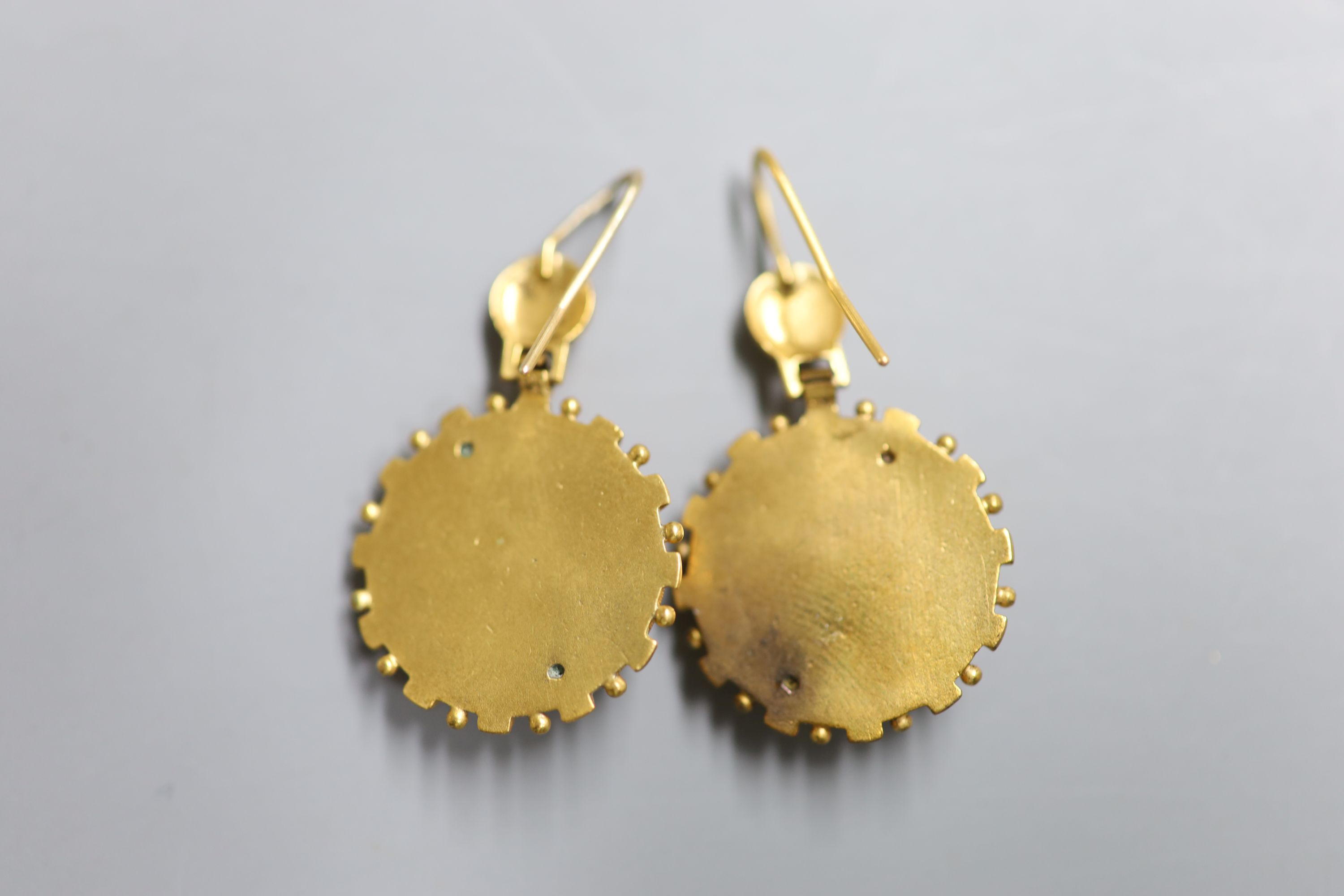 A pair of Victorian yellow metal and split pearl set target earrings, 20mm, gross 9 grams.